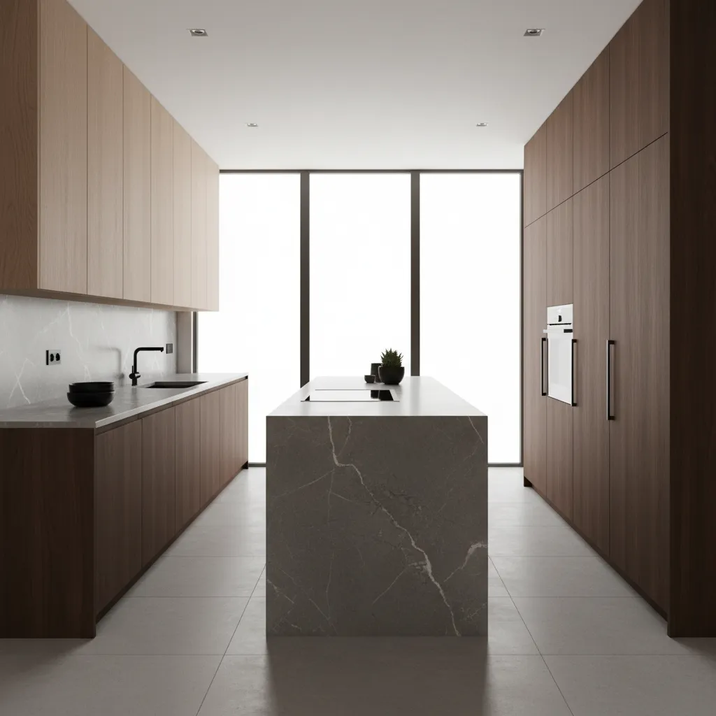Cocina moderna con encimera de piedra y muebles de madera