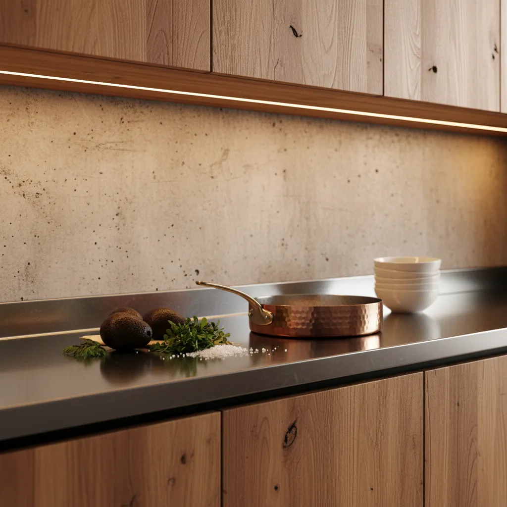 Detalle de materiales en cocina industrial con acero inoxidable y madera