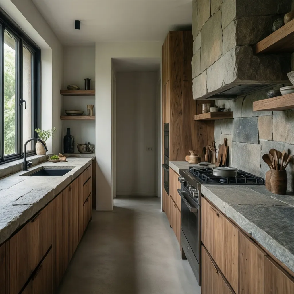 Cocina moderna con encimera de piedra y muebles de madera