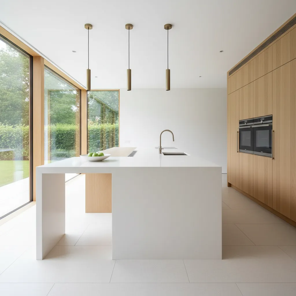 Cocina moderna con encimera de cuarzo y muebles de madera clara