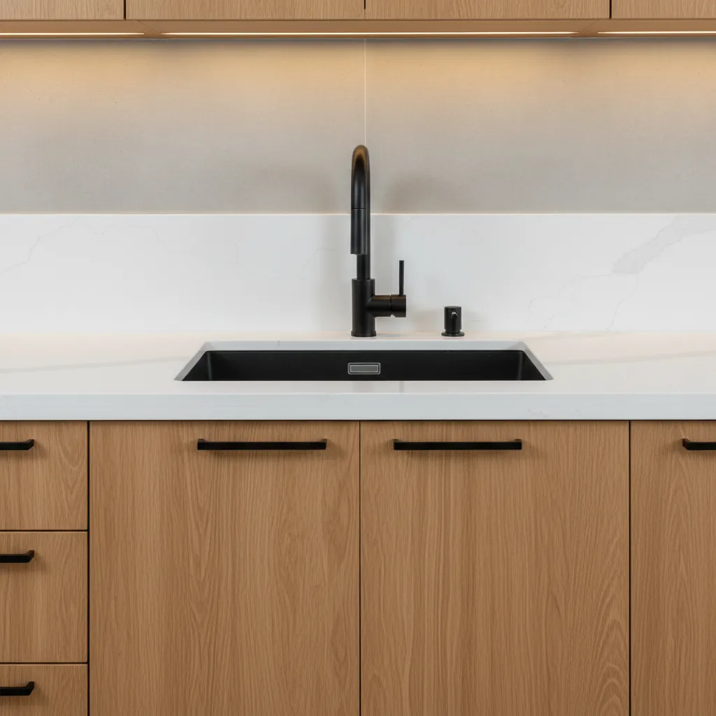 Close up of black kitchen sink and tap on white countertop with wood cabinets below