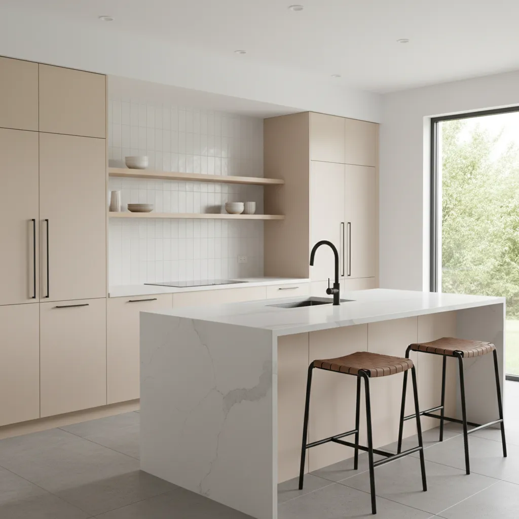 Cocina moderna con encimera de cuarzo y muebles claros