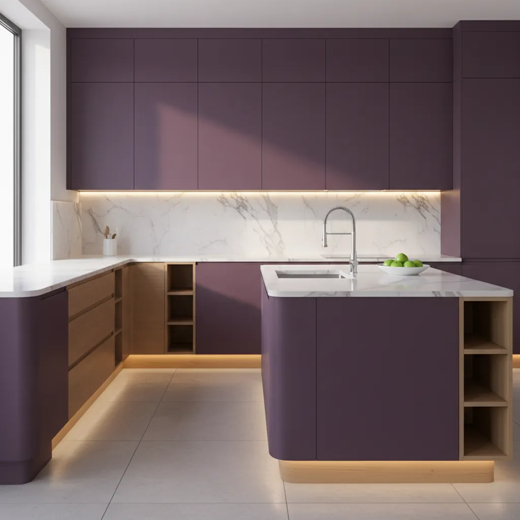 Detalle de materiales combinados con muebles morados en una cocina moderna