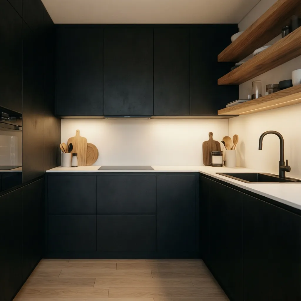 Cocina negra con encimera blanca y detalles de madera