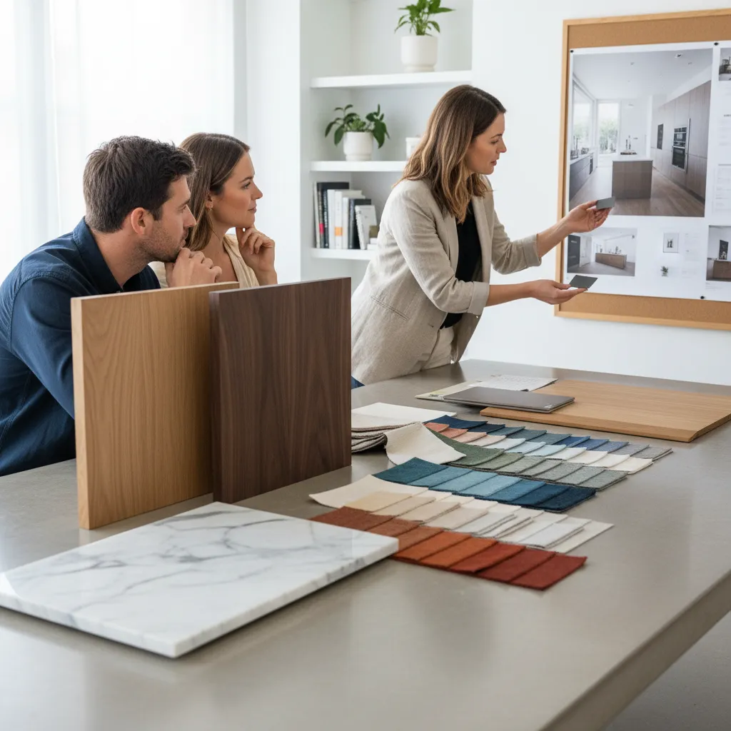 Encimera de piedra, armarios de madera y muestras de color para diseño de cocina