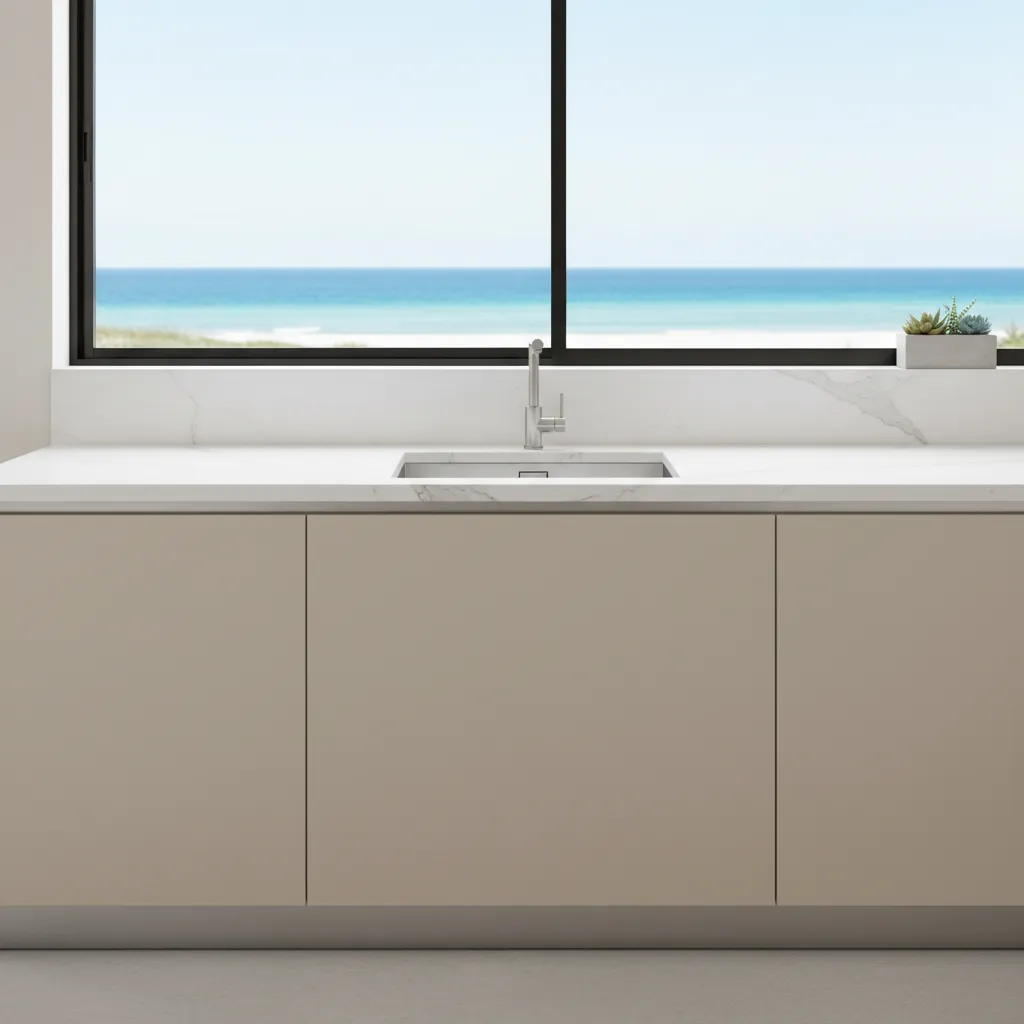 Encimera porcelánica y muebles de cocina modernos