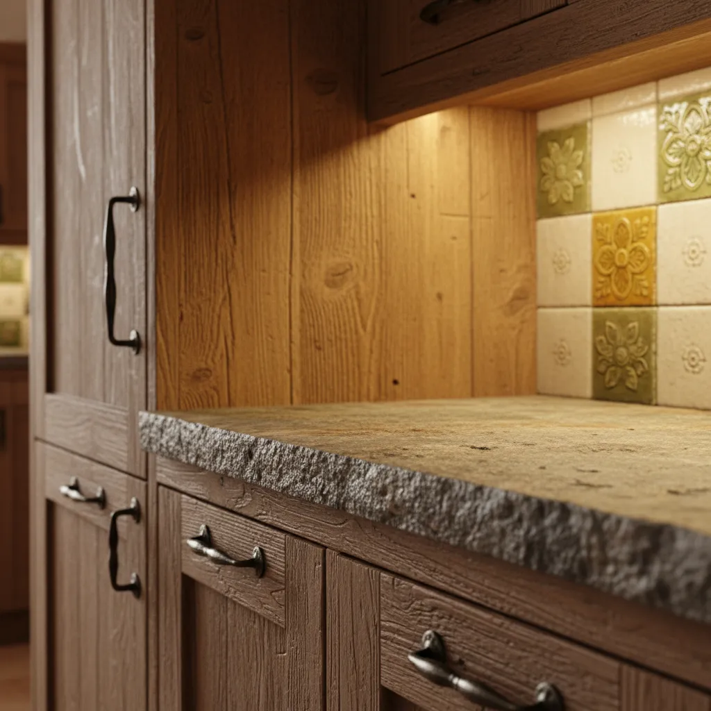 Close up of rustic wood kitchen cabinets with stone countertop and patterned wall tile backsplash