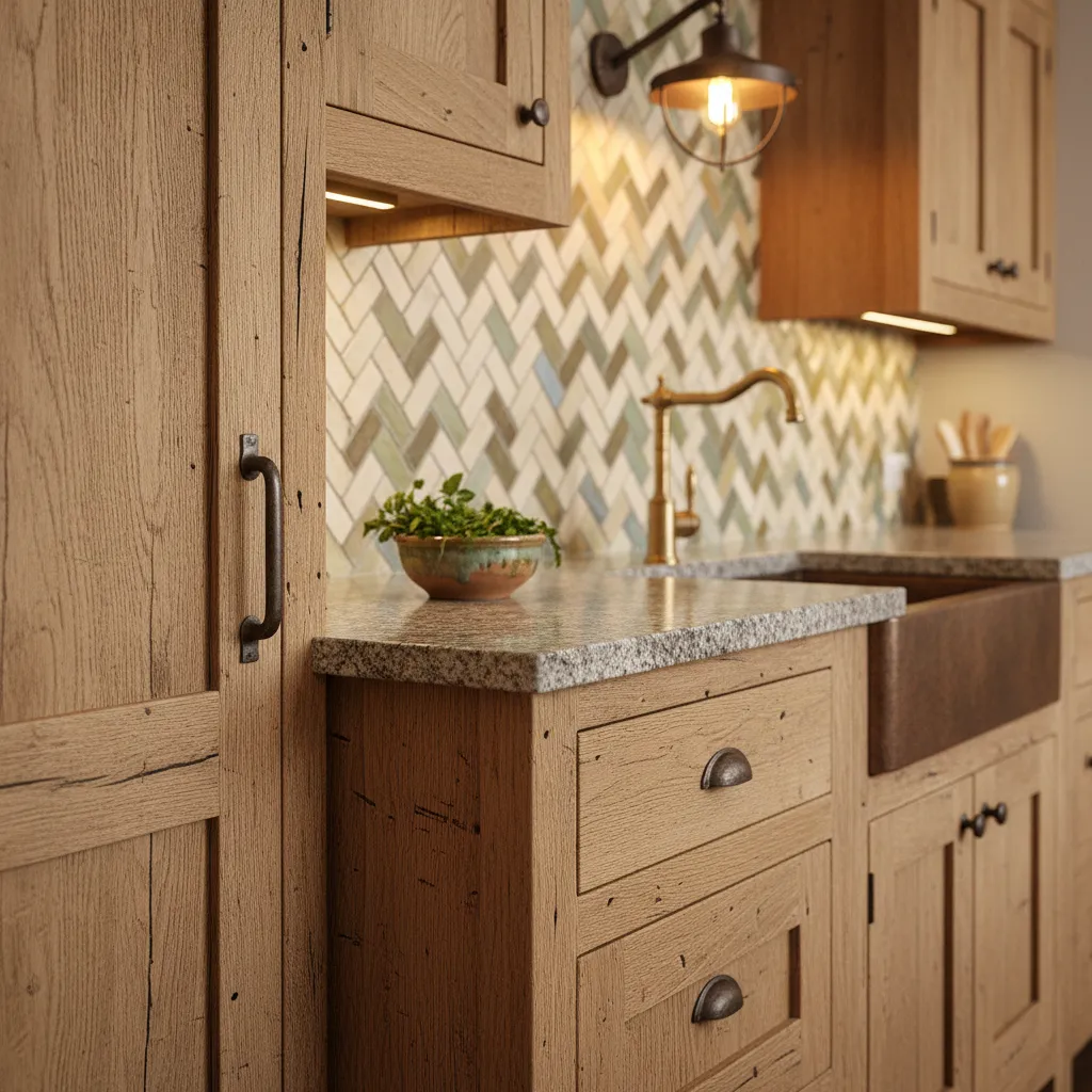 Detalle de materiales naturales en una cocina rústica con madera y piedra