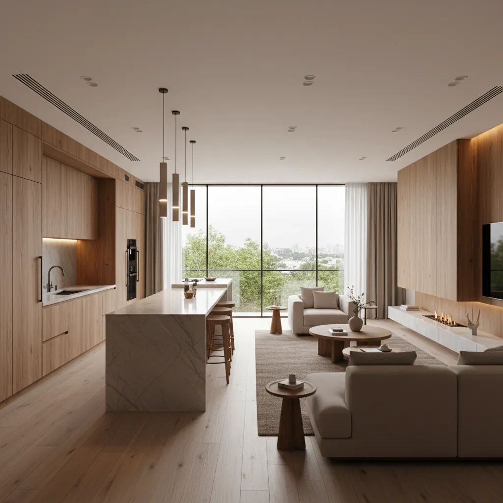 Modern room with wood wall panel marble island grey sofa and floor to ceiling windows