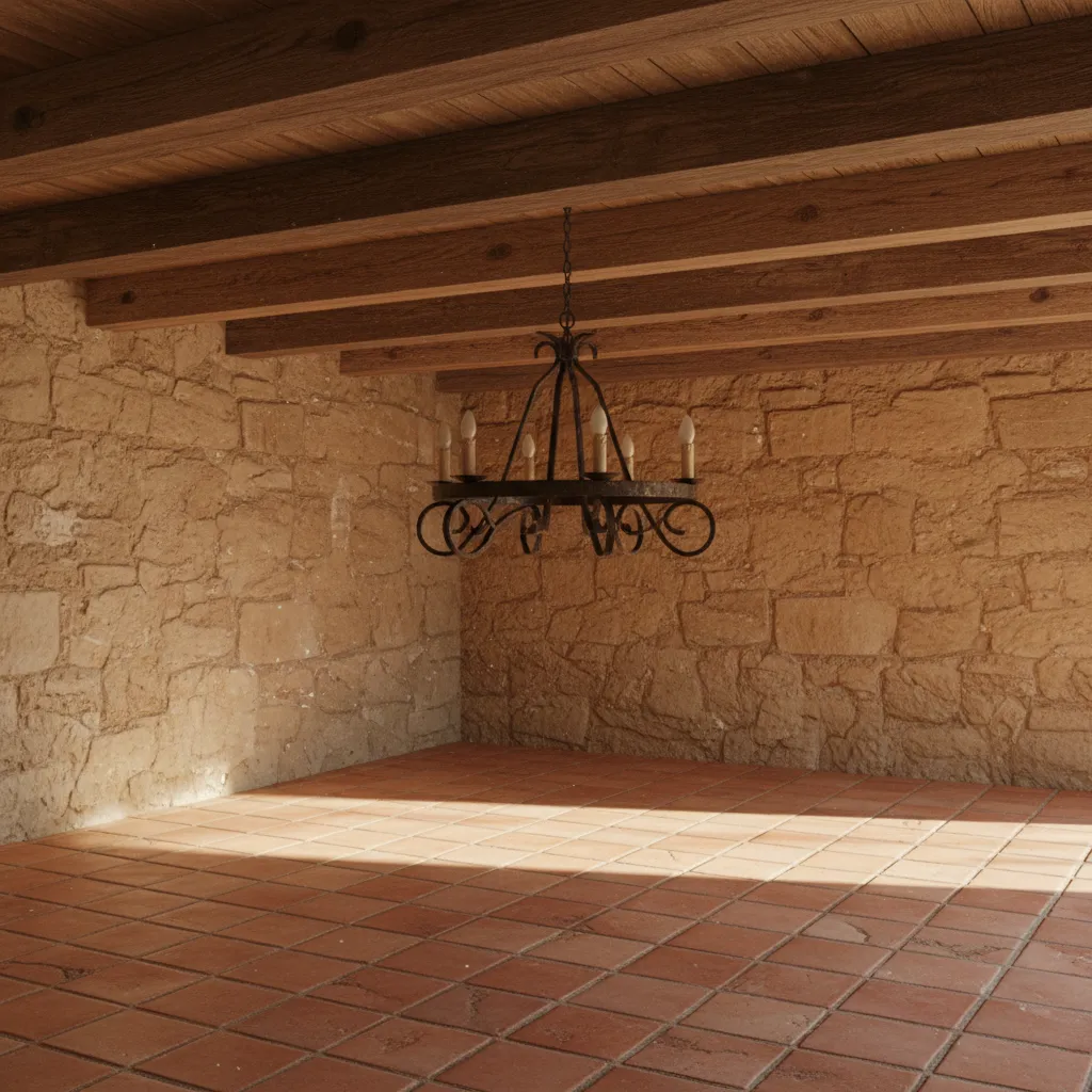 Rustic empty room featuring stone walls terracotta floor tiles wooden ceiling beams and hanging light