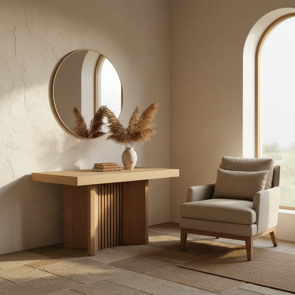 Combinación de pared enfoscada con muebles de madera natural