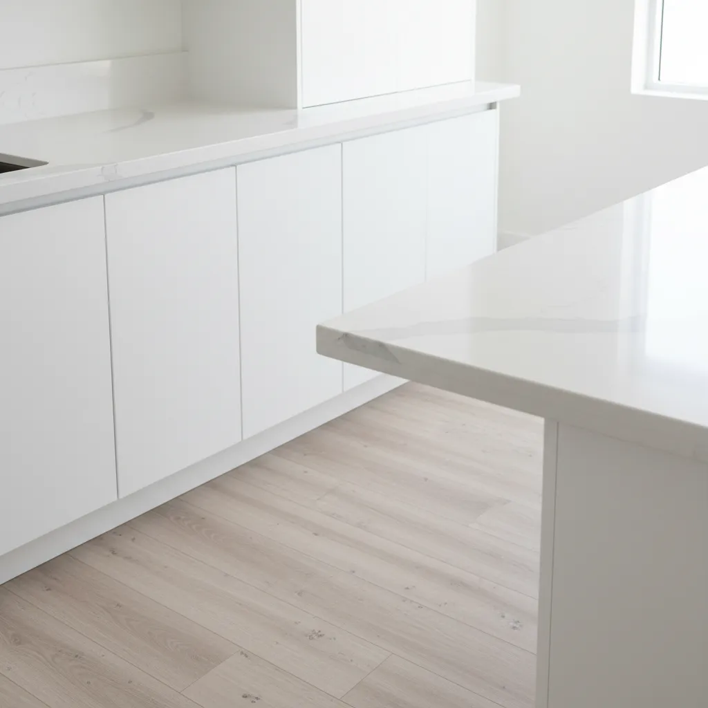 Minimalist interior area featuring white cabinets marble countertop and light wood floor in a room