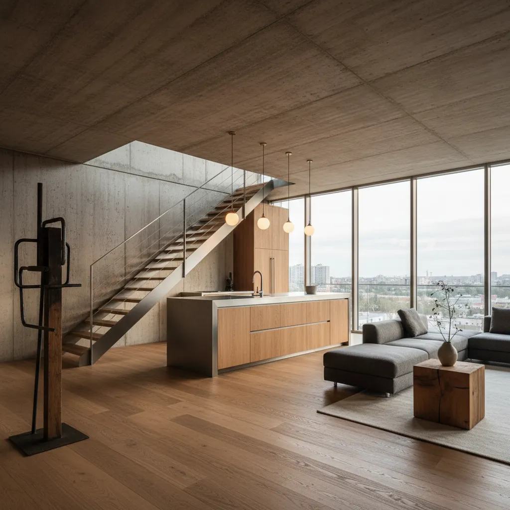 Combinación de madera natural, acero y hormigón en interior