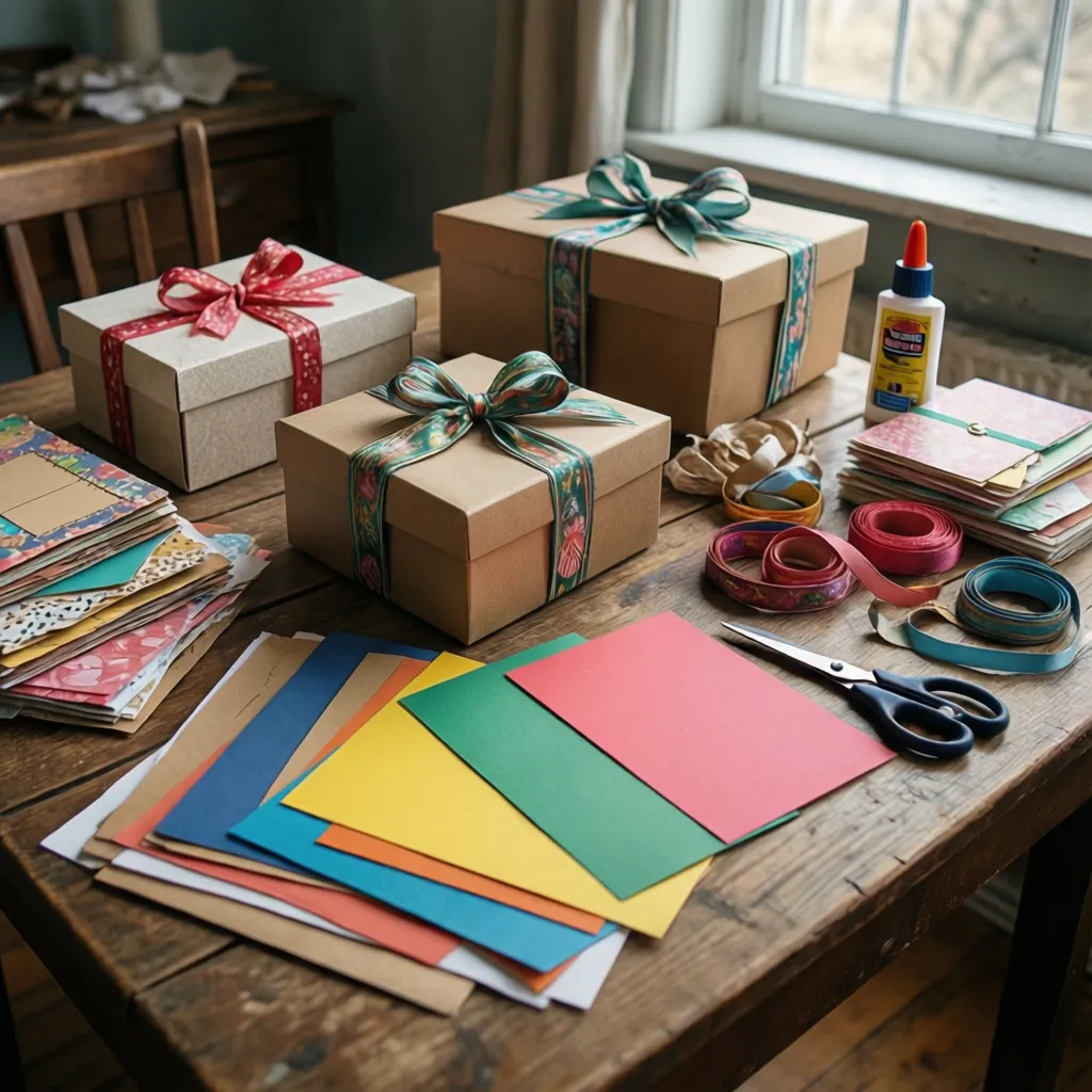 Materiales para decorar cajas como cartulina, cintas y pegamento