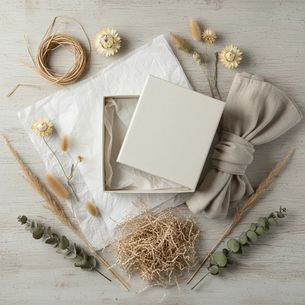 White gift box with dried flowers string shredded paper and grey fabric on light wood
