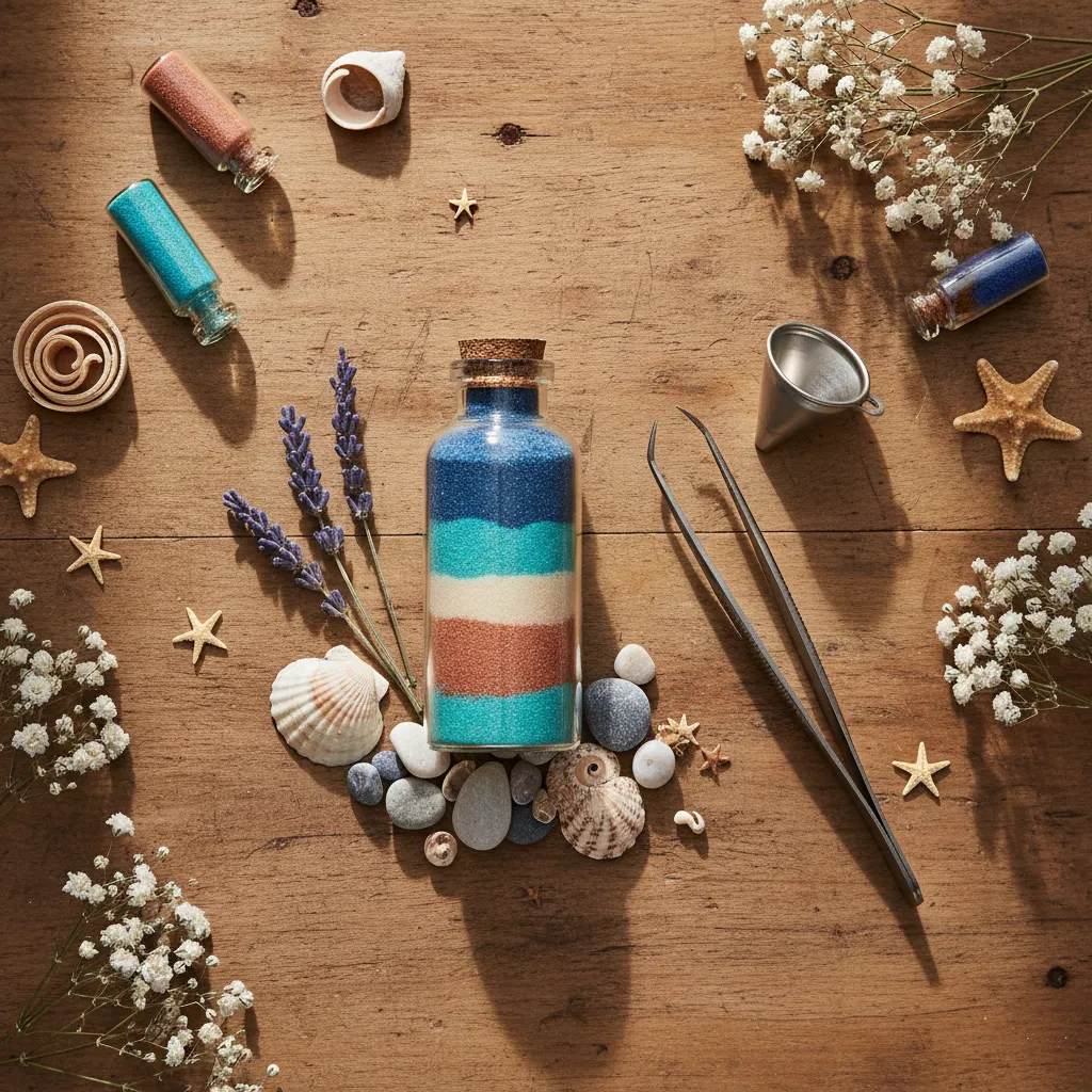 Glass bottle with layered colored sand surrounded by shells and tools on a wooden surface