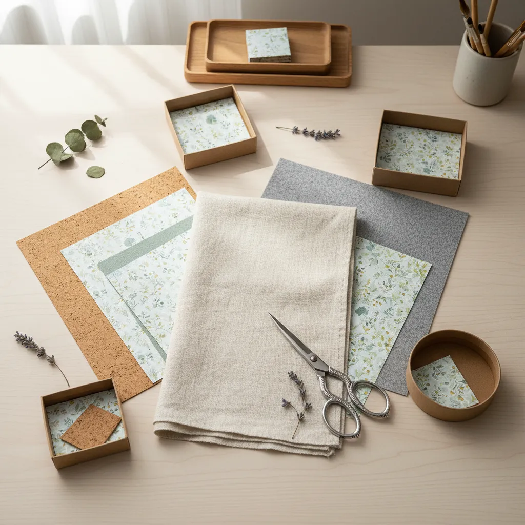 Materiales para decorar interiores de cajas como tela, papel y corcho