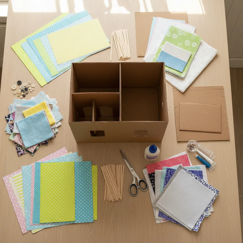 Materiales de manualidades usados para decorar una casita de cartón