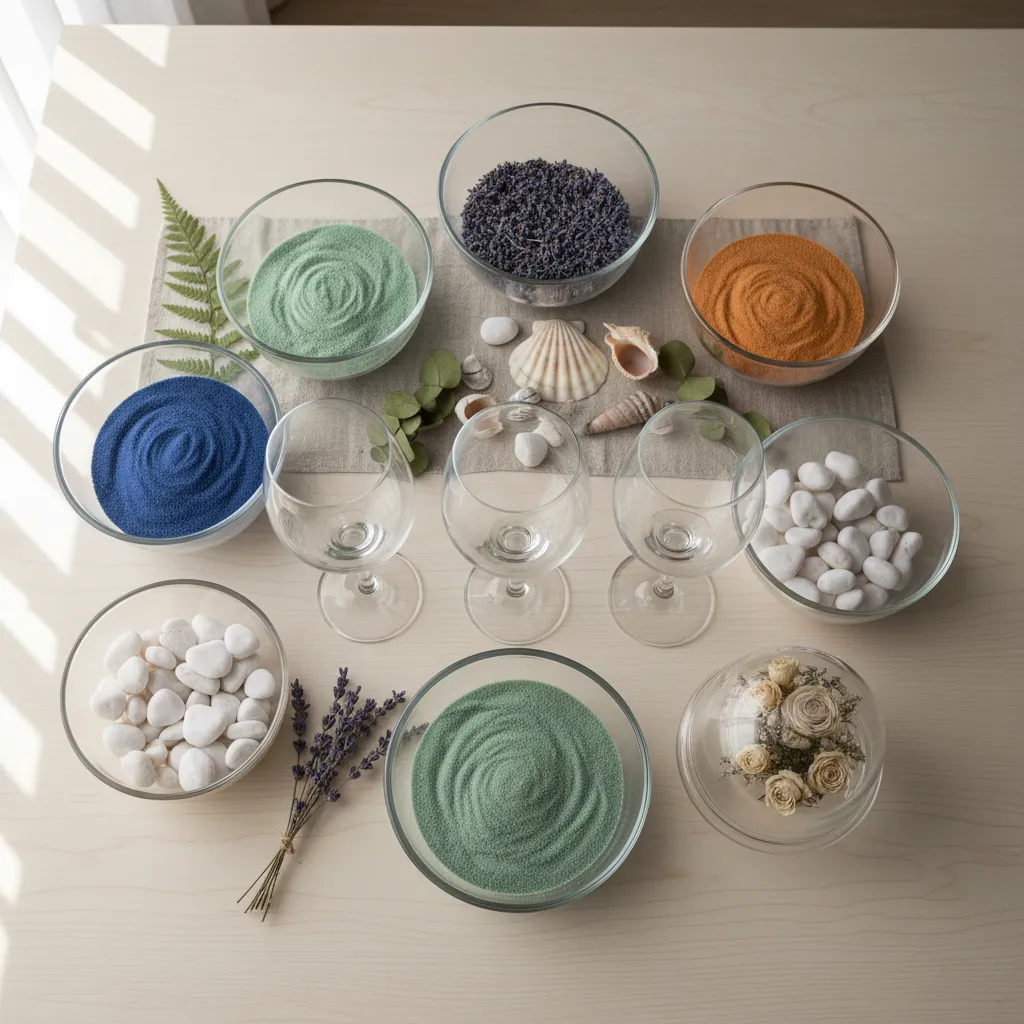 Materiales decorativos como arena, piedras y flores secas junto a copas de cristal