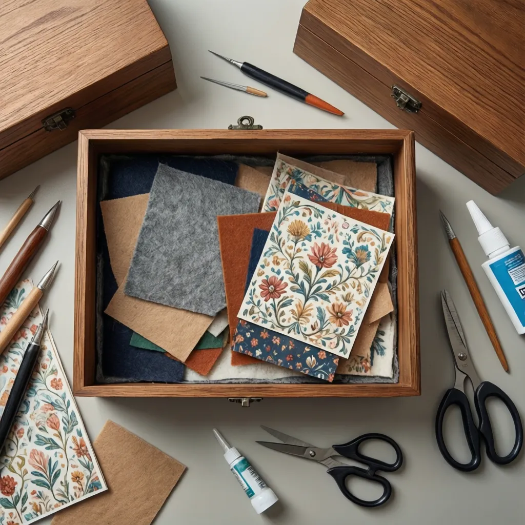 Materiales como tela, papel decorativo y fieltro preparados para decorar una caja