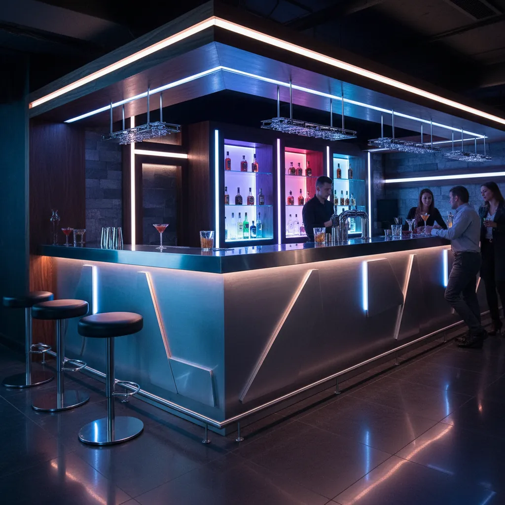 Barra de discoteca con acero cepillado y iluminación ambiental