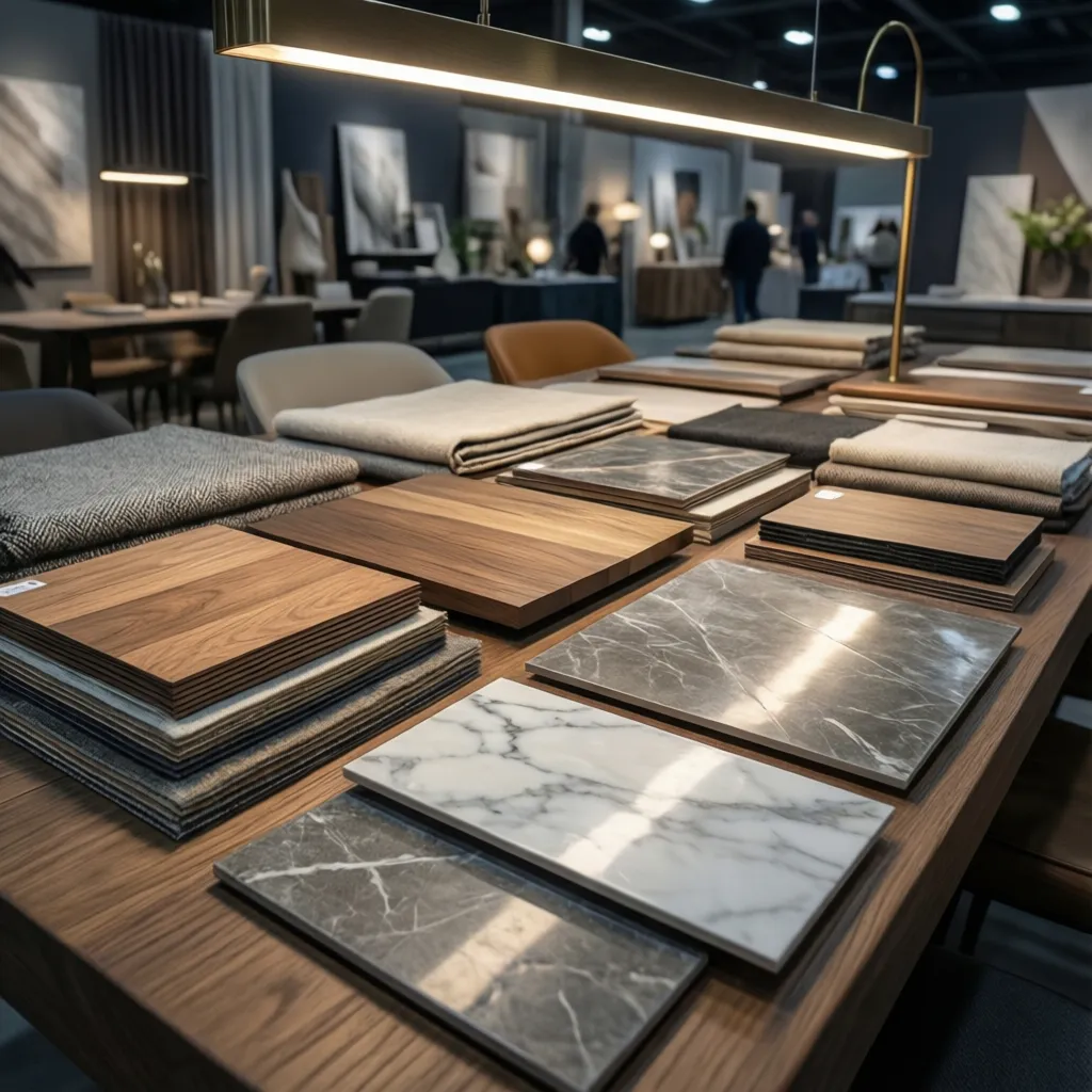 Muestras de materiales de diseño interior como piedra madera y textiles