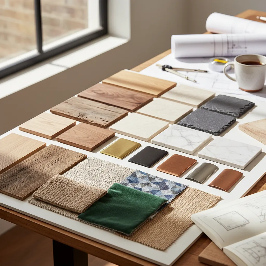 Material samples including wood stone fabric and metal tiles on white interior design work table