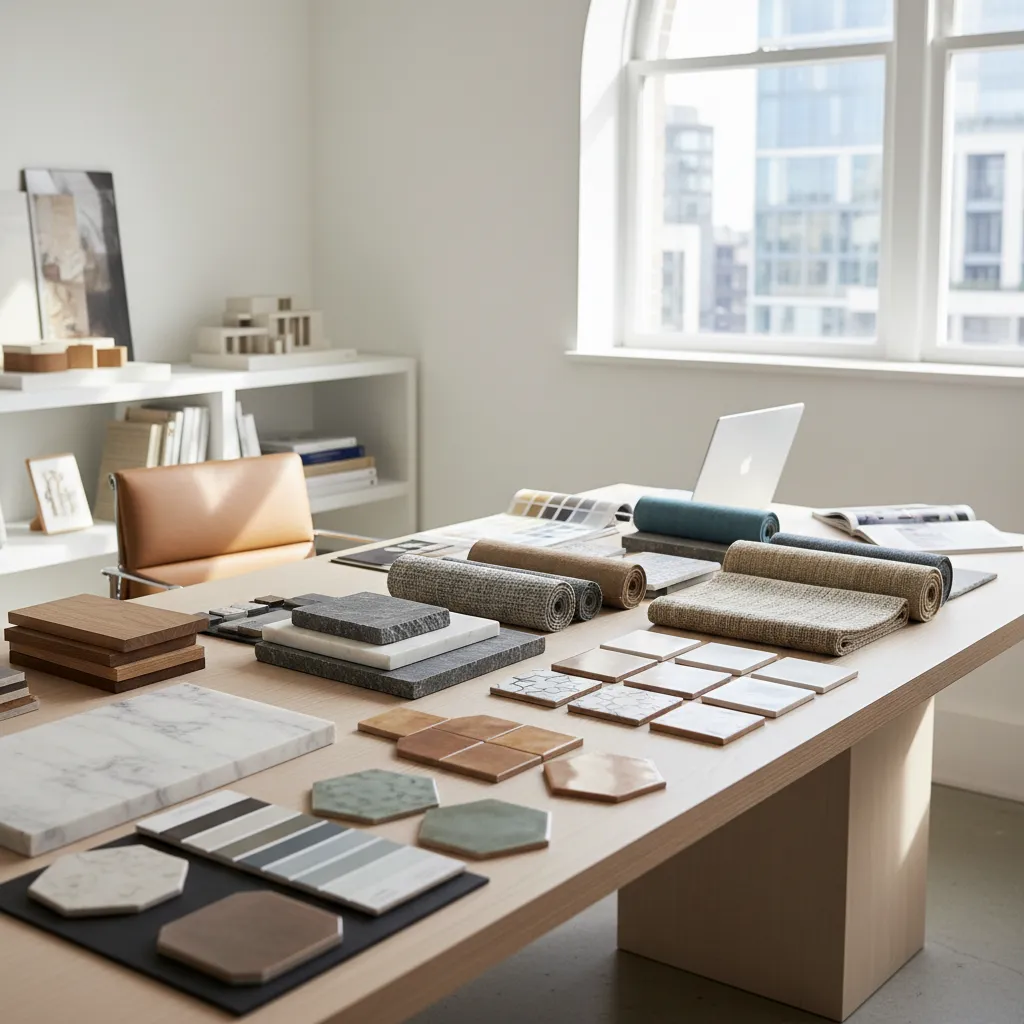 Mesa con muestras de materiales para diseño de interiores