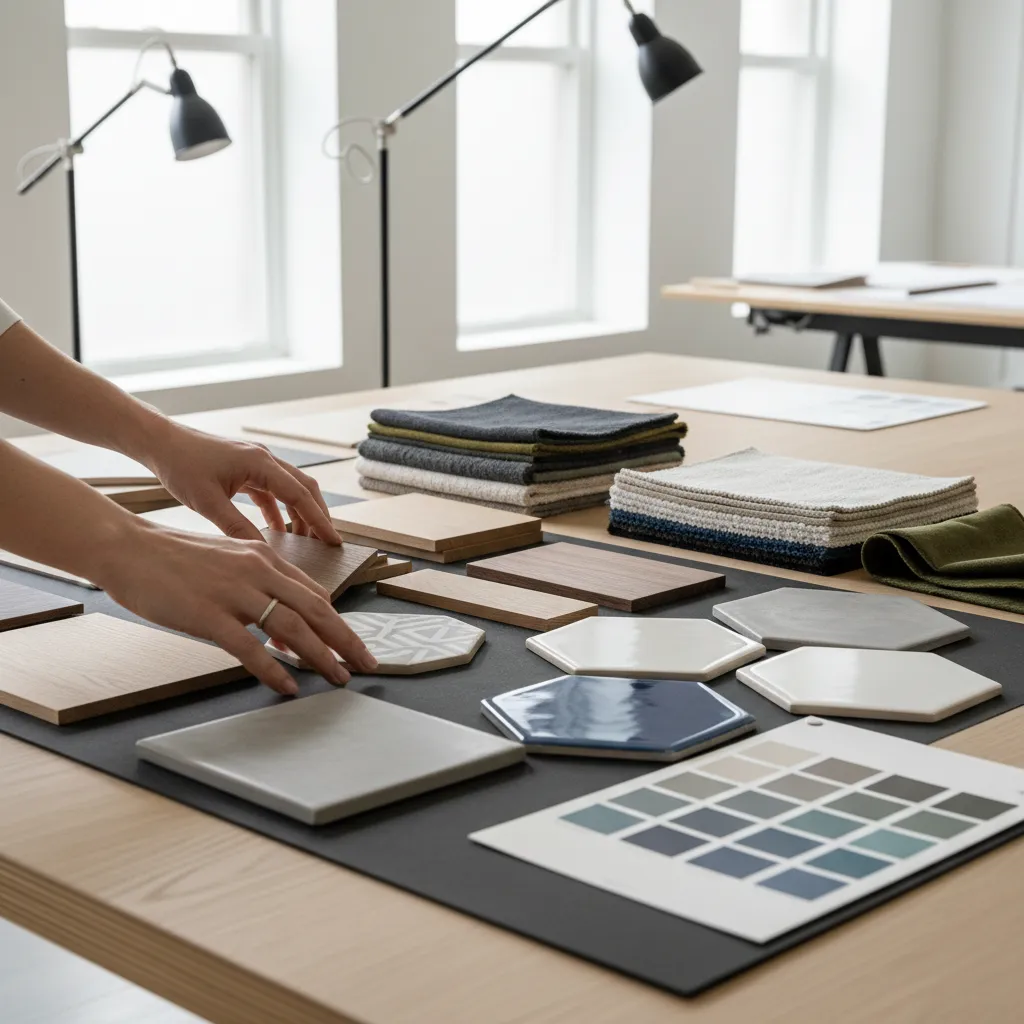 muestras de materiales como madera, telas y piedra para diseño interior