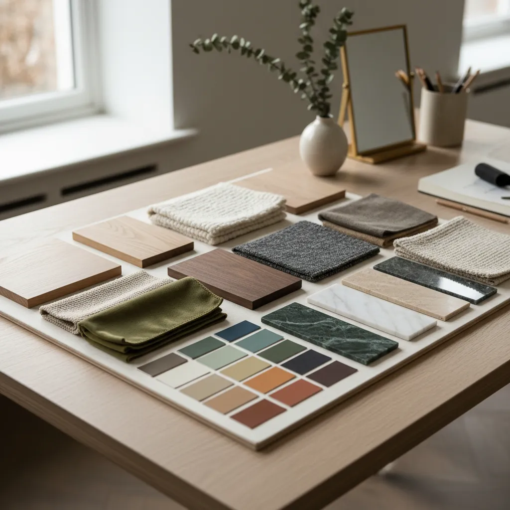 Muestras de materiales y paletas de color para interiorismo