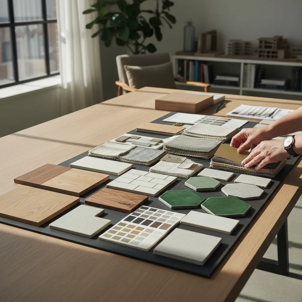Muestras de materiales, telas y acabados usados en diseño interior