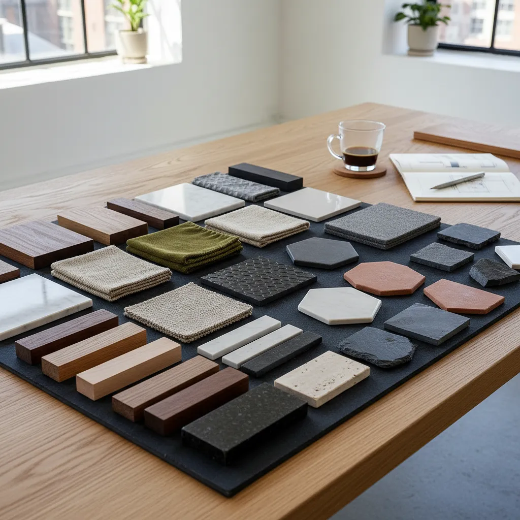 Mesa con muestras de materiales de interiorismo como madera, tela y piedra