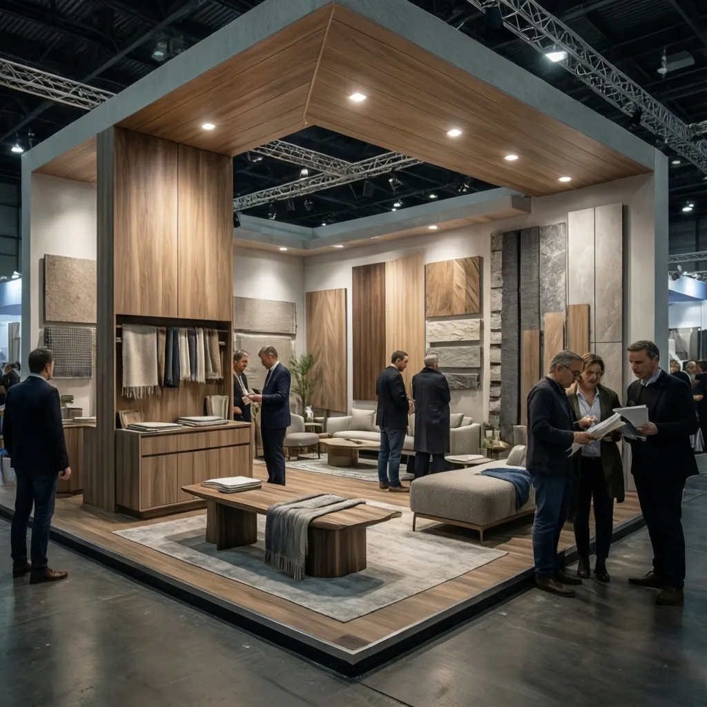 Exposición de materiales de interiorismo como madera, piedra y textiles