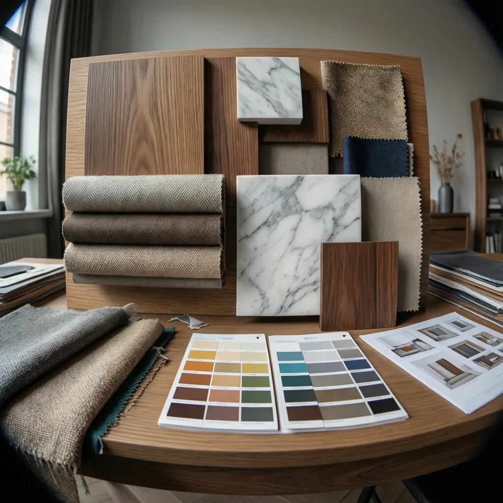 Muestras de materiales de interiorismo como madera, telas y piedra