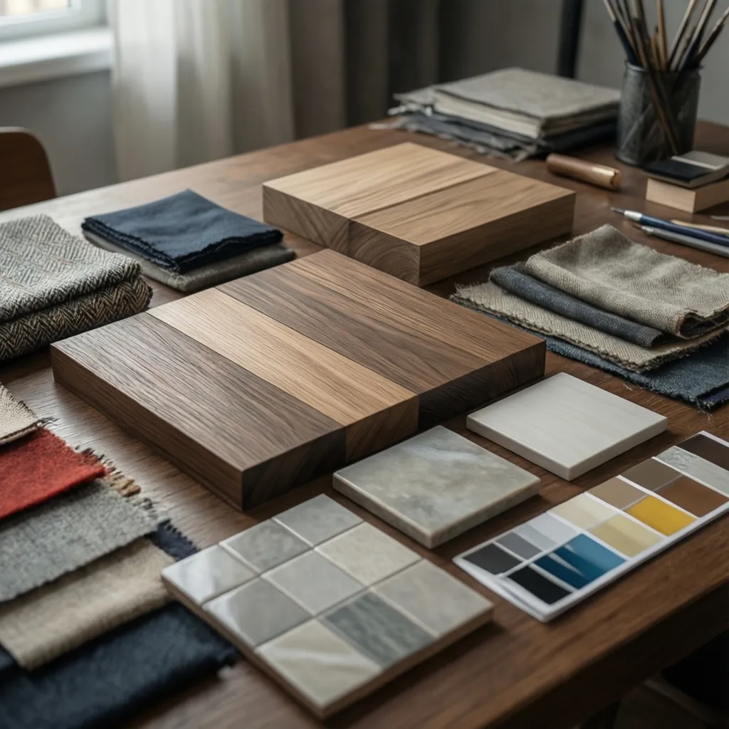 Mesa con muestras de materiales usados en diseño de interiores