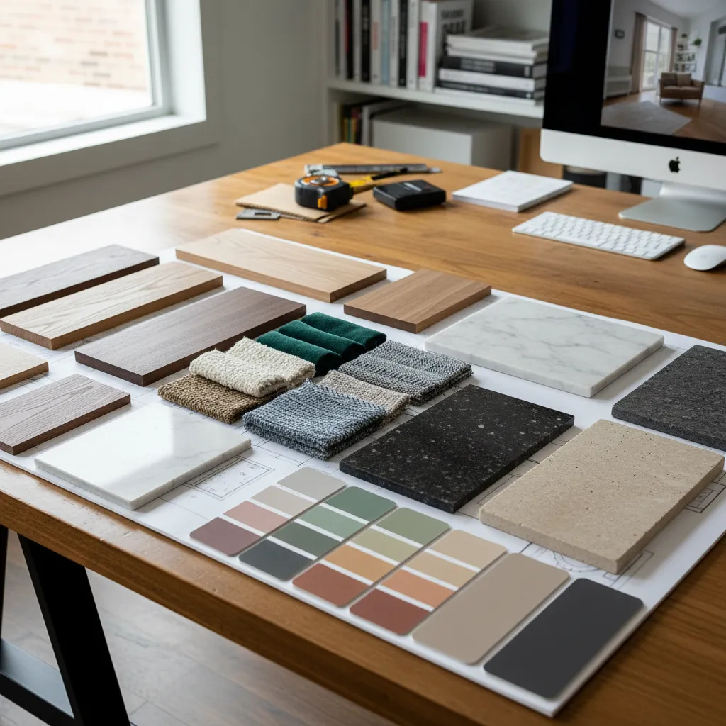 Interior design material samples including wood marble and fabric placed on a paper floor plan