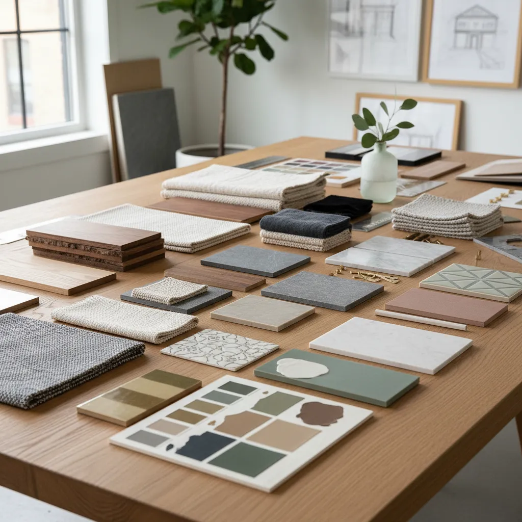 Various interior design material samples like wood tiles fabric and stone arranged on a table