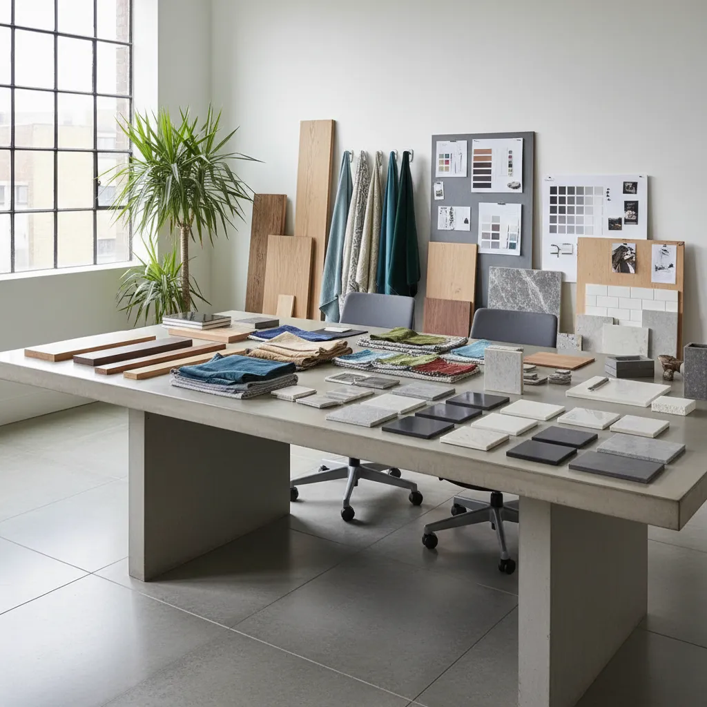 Large table covered with fabric samples wood boards and tiles in an interior design studio