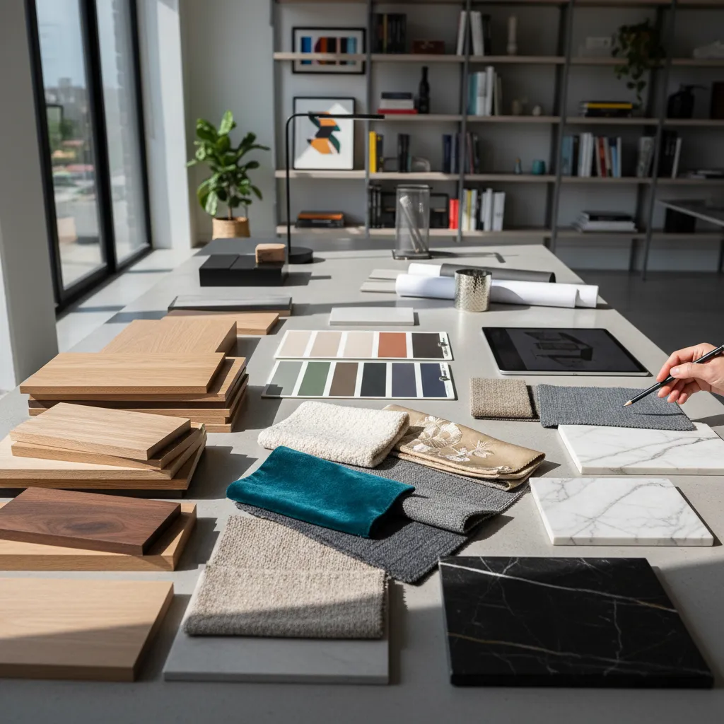 Muestras de materiales y acabados para diseño de interiores