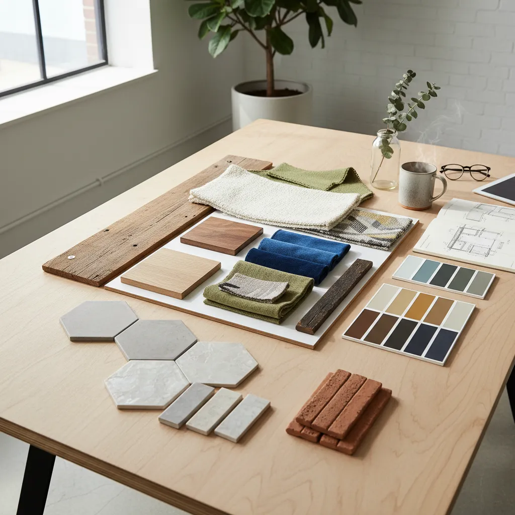 Interior design materials including wood tiles fabric samples and color charts displayed on wooden table