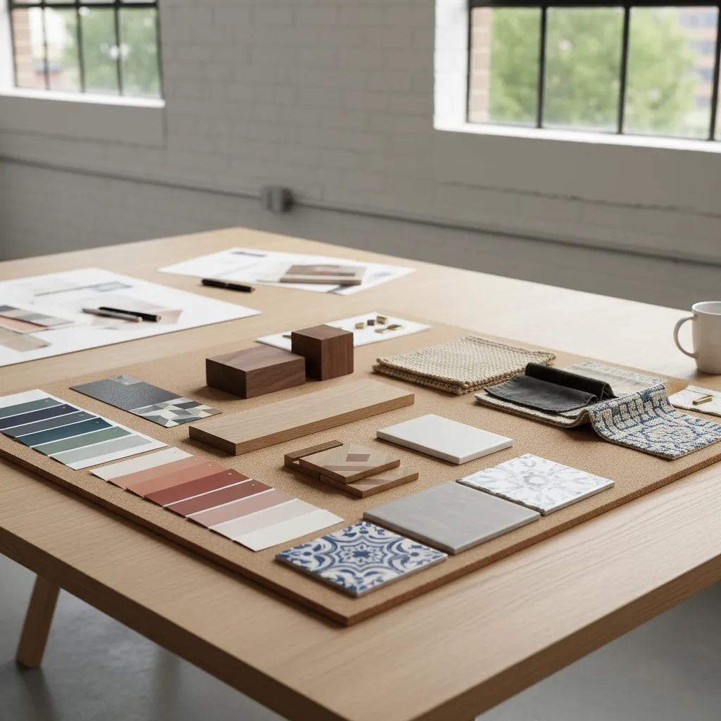 Muestras de materiales de interiorismo sobre mesa de trabajo