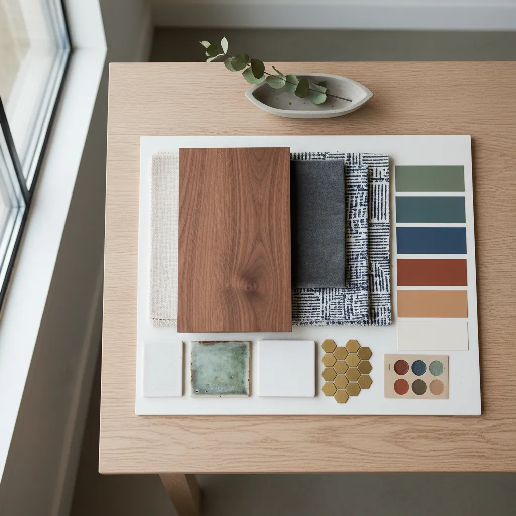 Muestras de materiales de interiorismo sobre mesa de trabajo