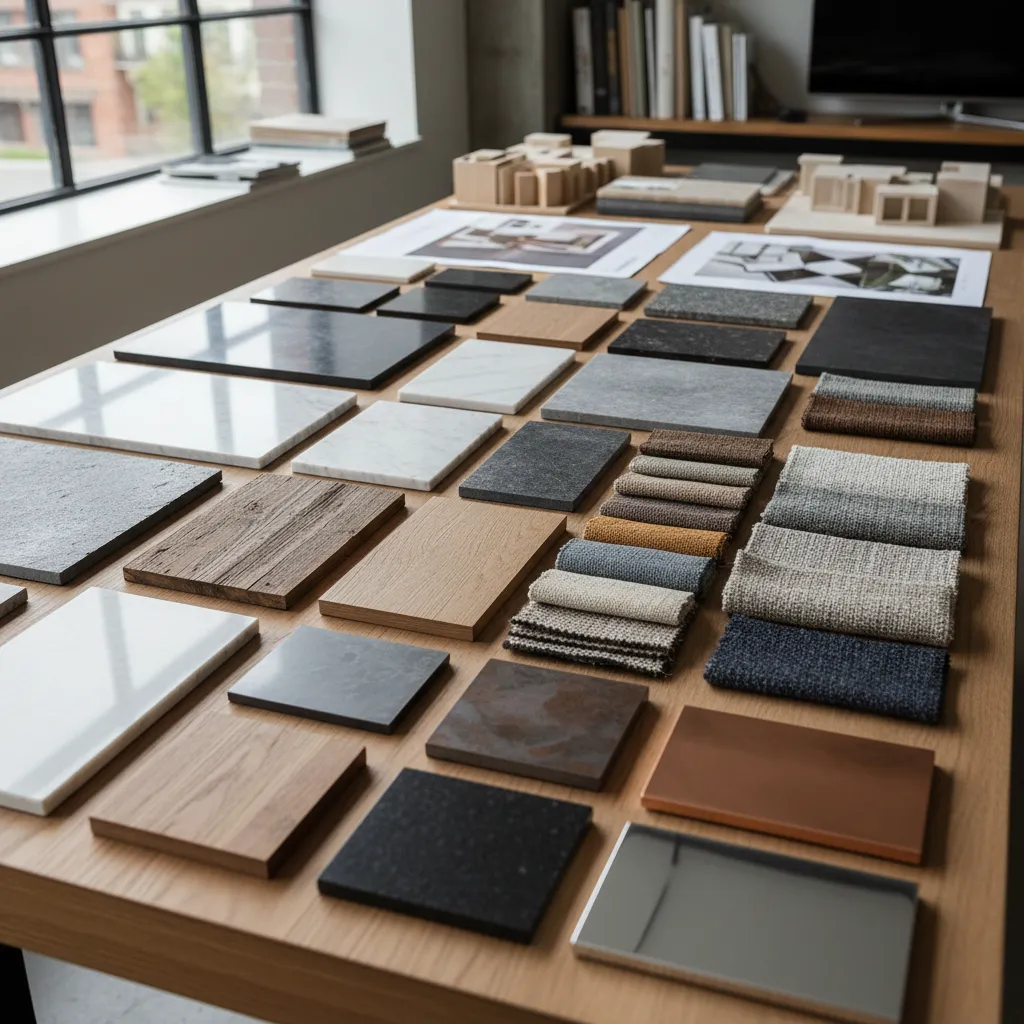 Muestras de materiales de interiorismo como madera, piedra y textiles