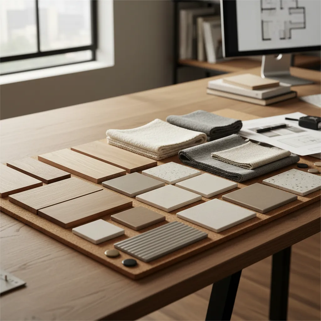 Interior design material samples including wood tiles and fabric swatches displayed on a wooden desk