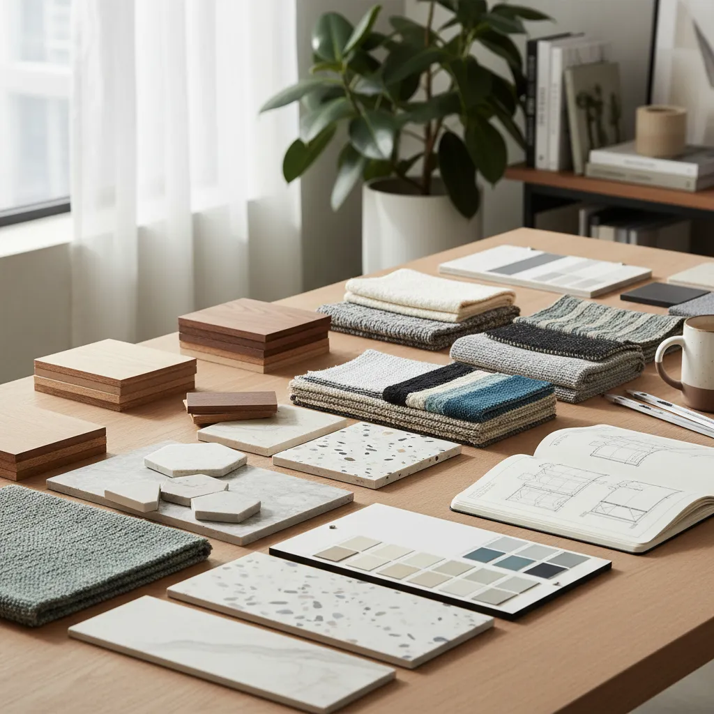 Muestras de materiales y colores utilizados en proyectos de interiorismo