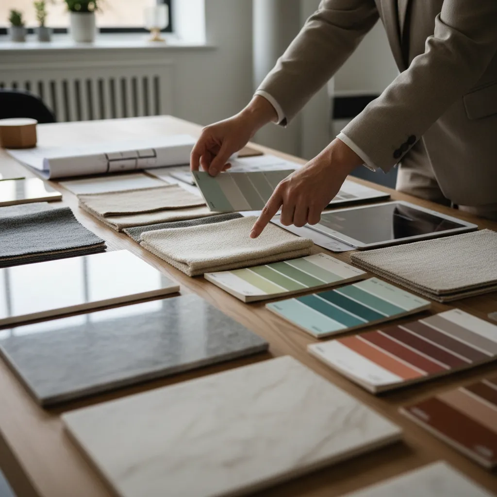 Person pointing at color samples and fabric swatches on a wooden table for interior design