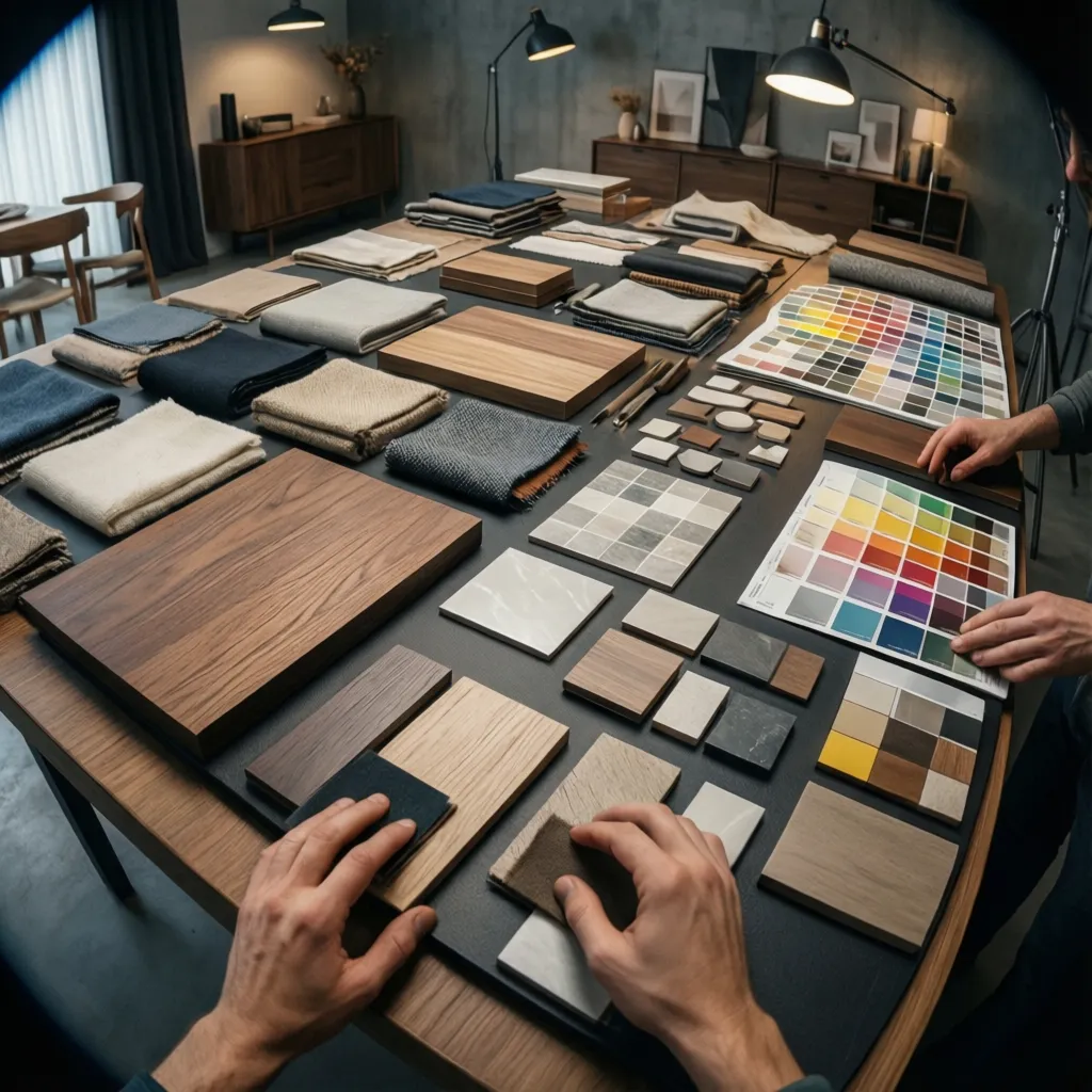 Mesa con muestras de materiales utilizados en proyectos de interiorismo