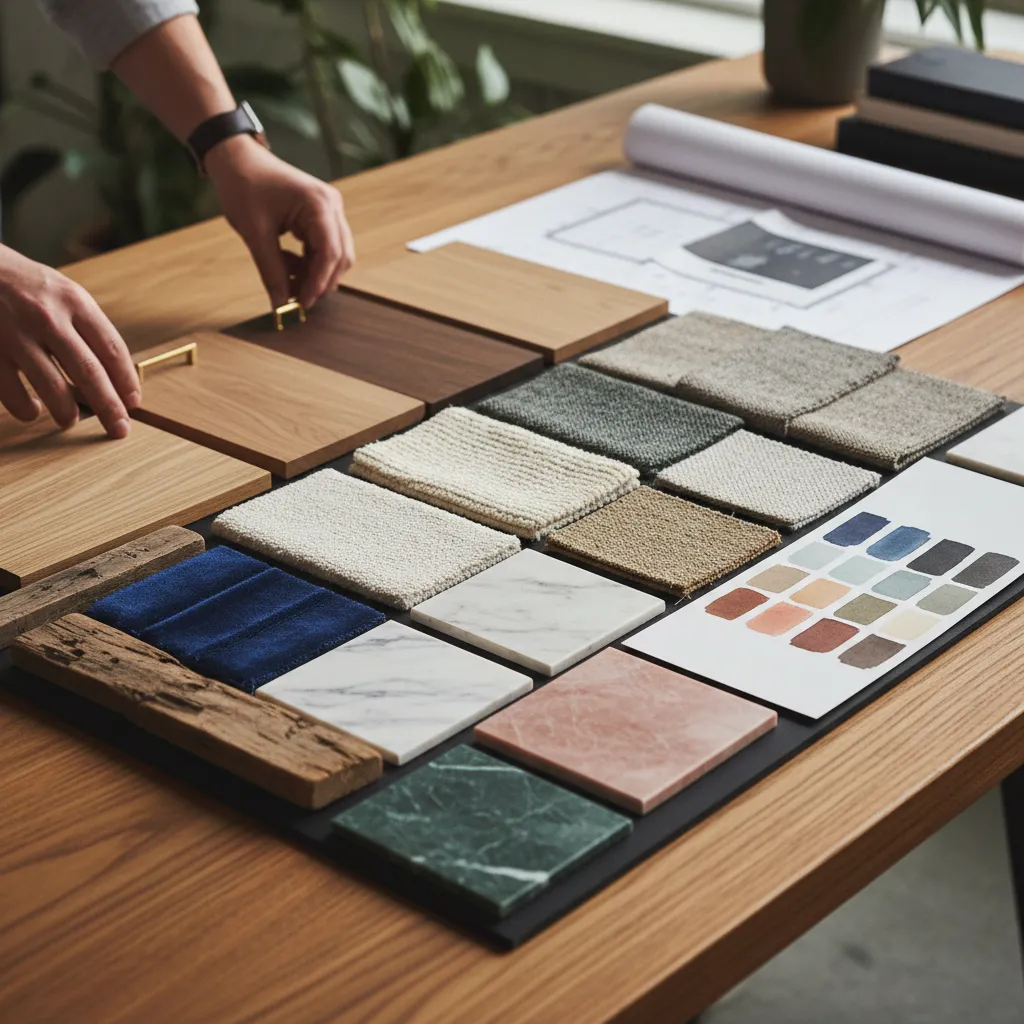 Mesa con muestras de materiales de interiorismo como madera, tela y piedra