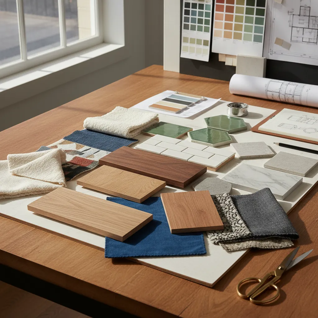 Mesa con muestras de materiales de interiorismo como madera, textiles y cerámica
