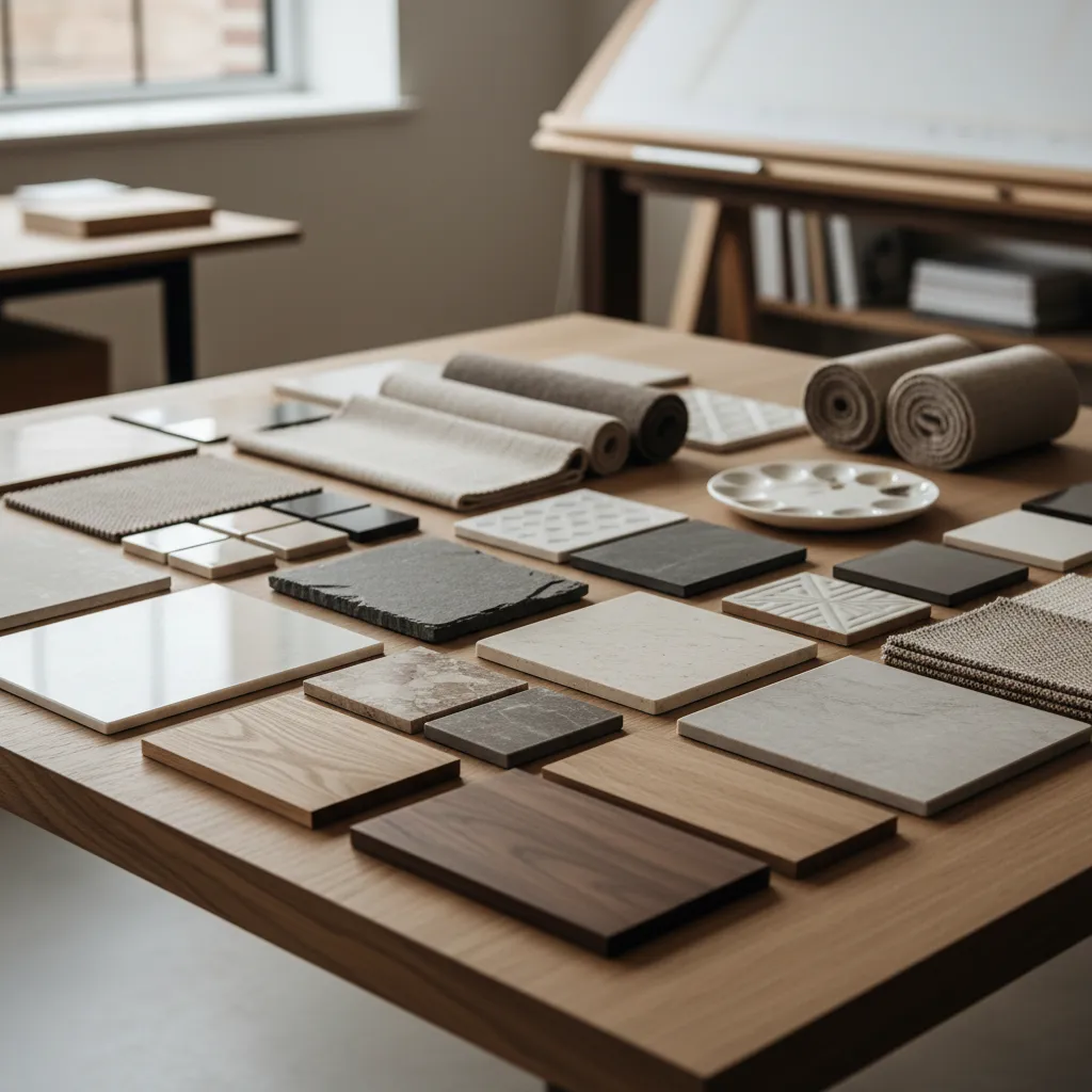 Muestras de materiales de interiorismo como madera, tela y piedra sobre mesa de trabajo